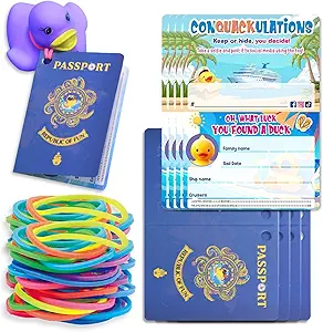 100Pcs Duck Tags - Passport Design, 50Pcs with Hole, 50Pcs Rubber Bands for Cruise Ducking Games (Blue Passport 001)
