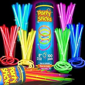 PartySticks Glow Sticks Party Supplies 100pk - 8 Inch Glow in the Dark Light Up Sticks Party Favors, Glow Party Decorations, Neon Party Glow Necklaces and Glow Bracelets with Connectors